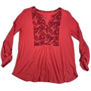 St. John's Bay Women's M Coral Red Paisley Roll-Tab Sleeve Henley Tunic Top